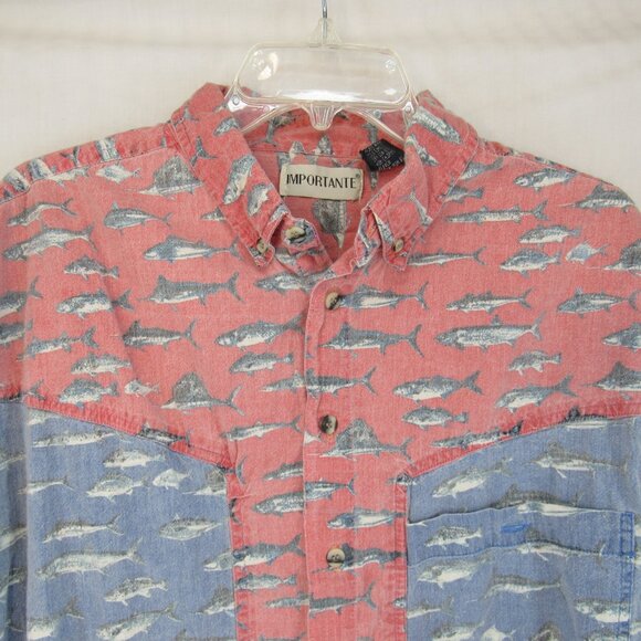 Vintage Importante Fish Design Long Sleeve Button Down Collar Shirt Size L - Picture 2 of 9